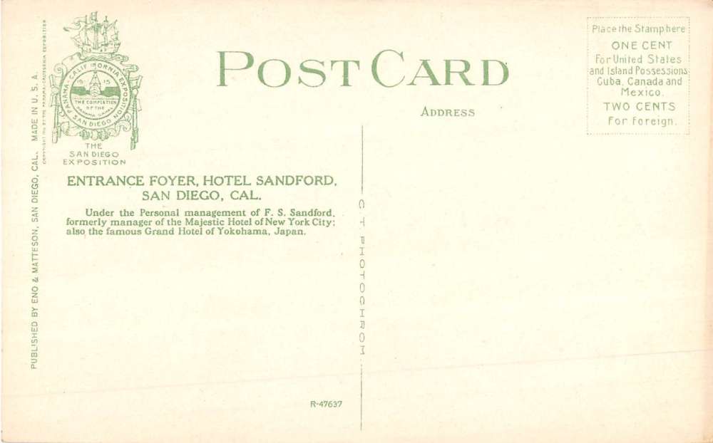 San Diego California Hotel Sandford Entrance Foyer Antique Postcard K65576 - Image 2