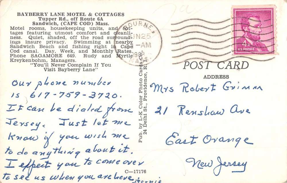 Sandwich Massachusetts Bayberry Lane Motel Street View Vintage Postcard K67483 - Image 2