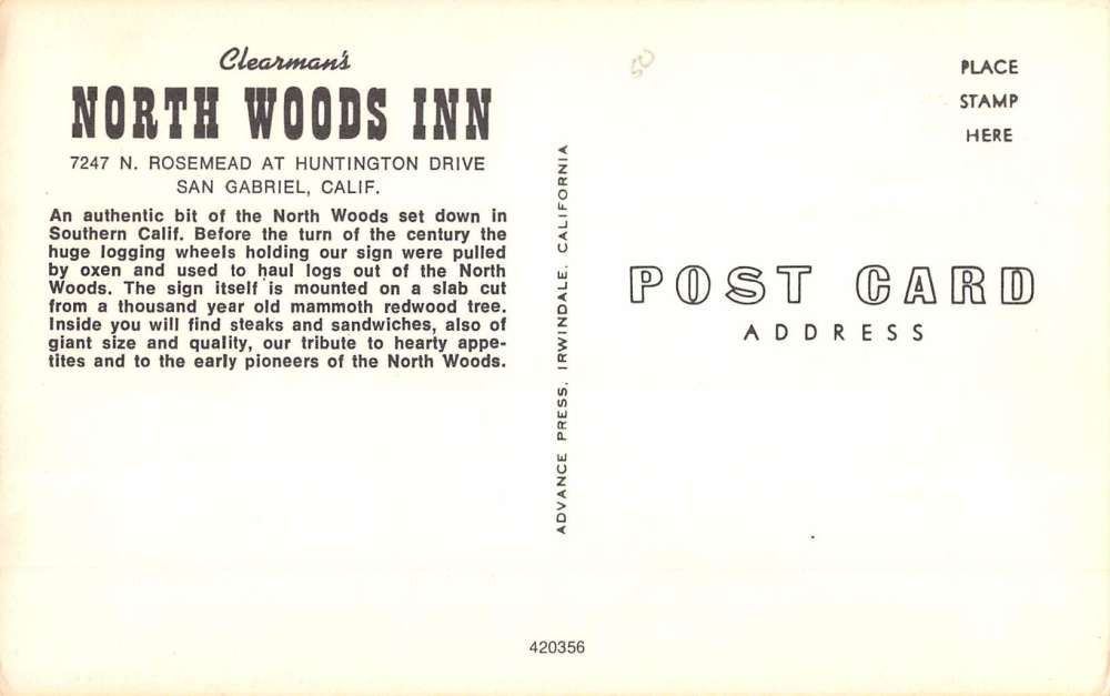 San Gabriel California North Woods Inn Interior Vintage Postcard K67790 - Image 2