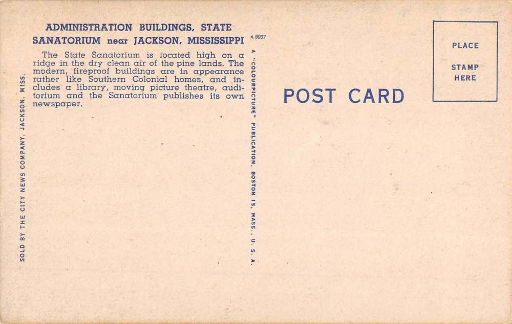 Jackson Mississippi State Sanitorium Admin Bldg Antique Postcard K68068 - Image 2