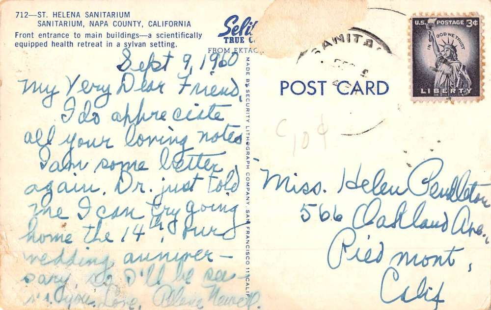 Napa County California St Helena Sanitarium Street View Vintage Postcard K68668 - Image 2