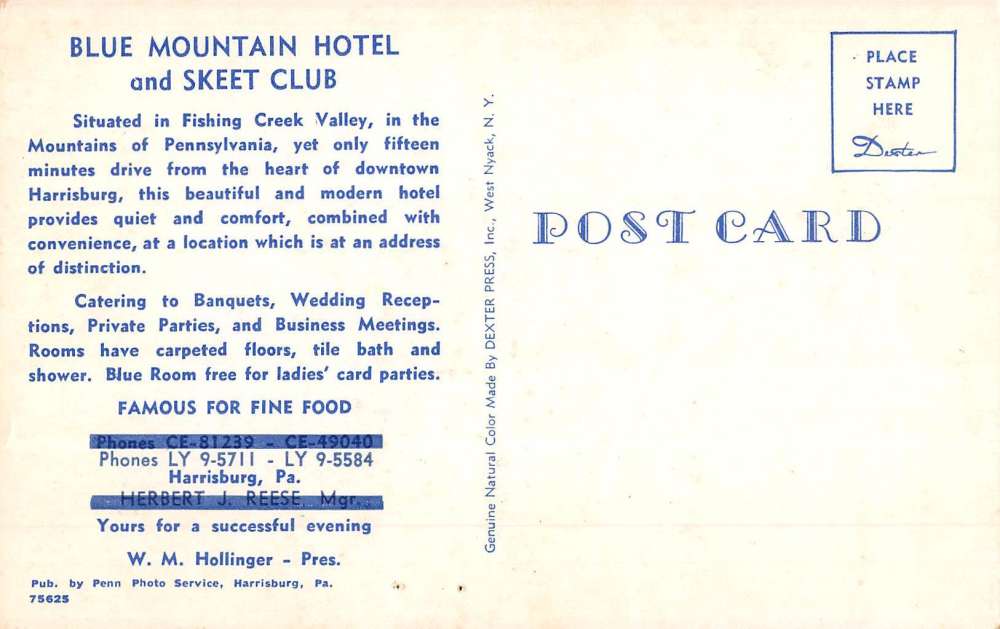 Harrisburg Pennsylvania Blue Mountain Hotel Skeet Club Vintage Postcard K68926 - Image 2