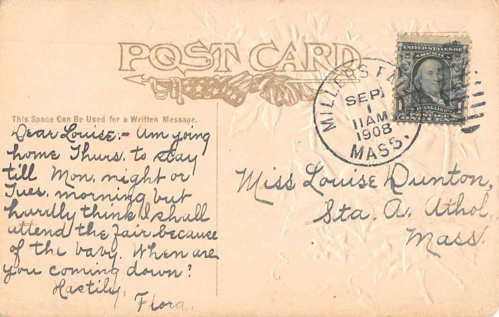 Millers Falls Massachusetts Flower Greeting Antique Postcard K69071 - Image 2