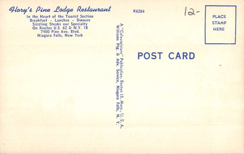 Niagara Falls New York Florys Pine Lodge Restaurant Antique Postcard K70363 - Image 2