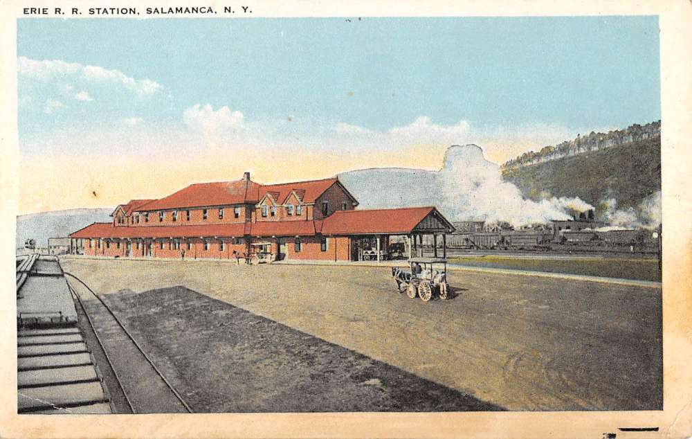 Salamanca New York Erie Railroad Station Street View Antique Postcard