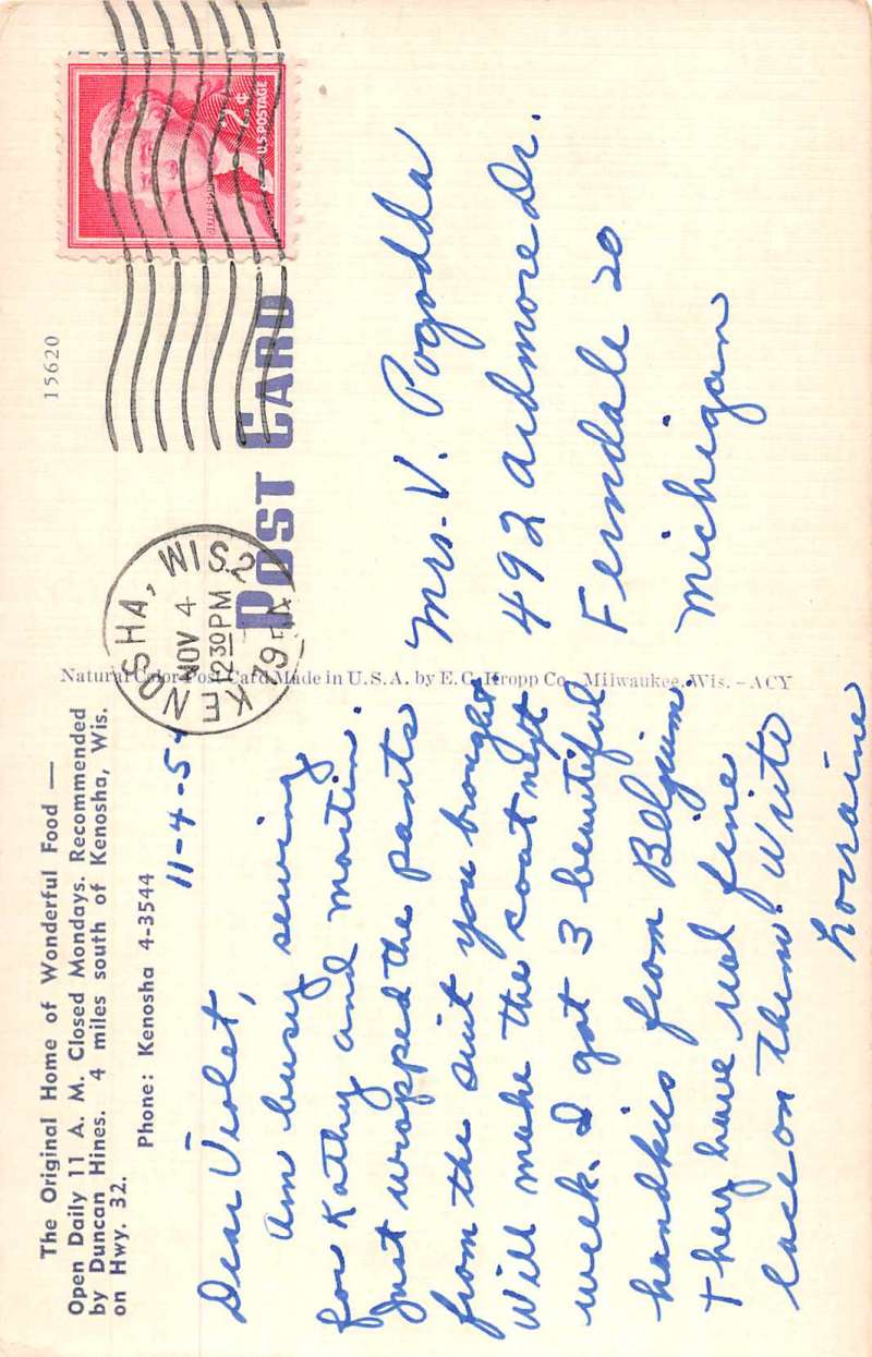 Kenosha Wisconsin Ray Radigan's Wonderful Food Restaurant Postcard J69914 - Image 2