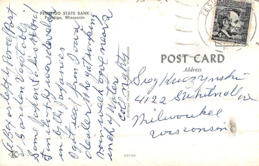 Peshtigo Wisconsin State Bank Street View Vintage Postcard K71998 - Image 2