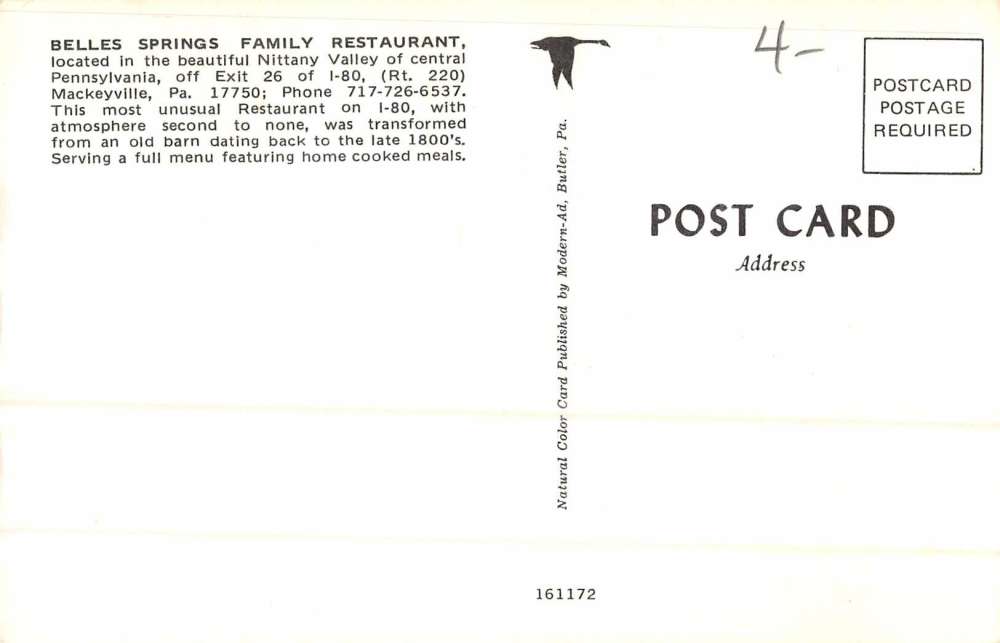 Mackeyville Pennsylvania Belles Springs Restaurant Antique Postcard K72347 - Image 2
