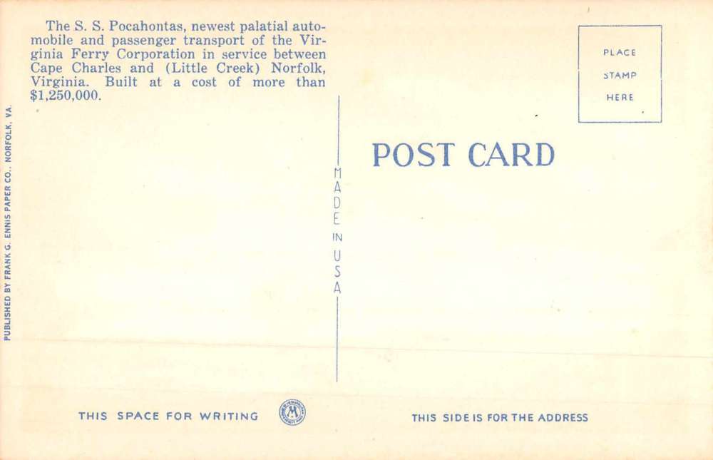 Norfolk Virginia SS Pocahontas Passenger Ship Antique Postcard K72597 - Image 2