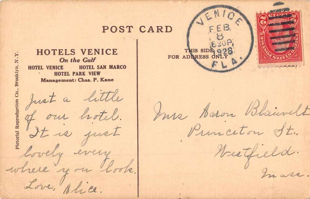 Venice Florida Paio Hotel Street View Antique Postcard K72719 - Image 2