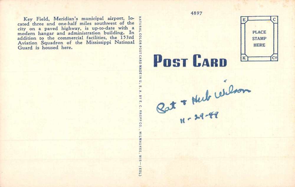 Meridian Mississippi Key Field Municipal Airport Antique Postcard K73348 - Image 2