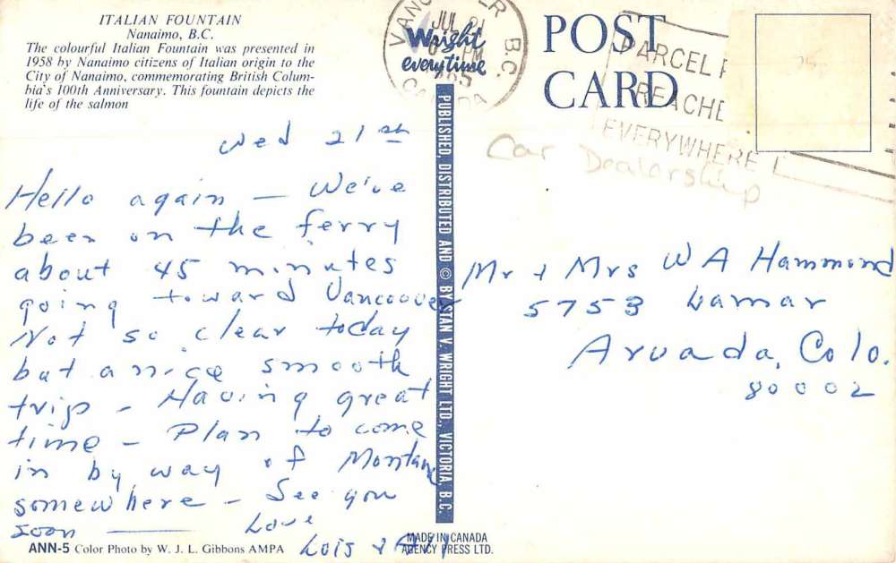 Nanaimo British Columbia Canada Italian Fountain Car Dealership Postcard J71432 - Image 2