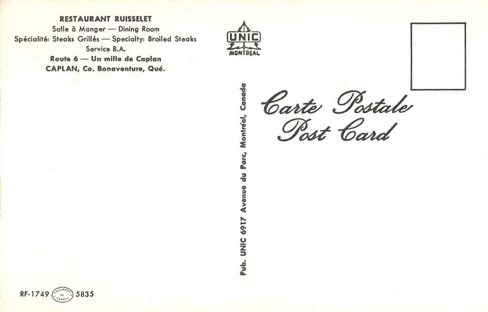 Bonaventure Quebec Canada Restaurant Ruisselet Vintage Postcard K76722 - Image 2