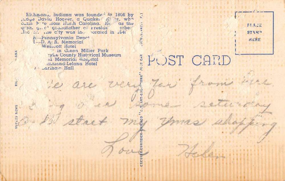 Richmond Indiana Large Letter Linen Antique Postcard K77129 - Image 2