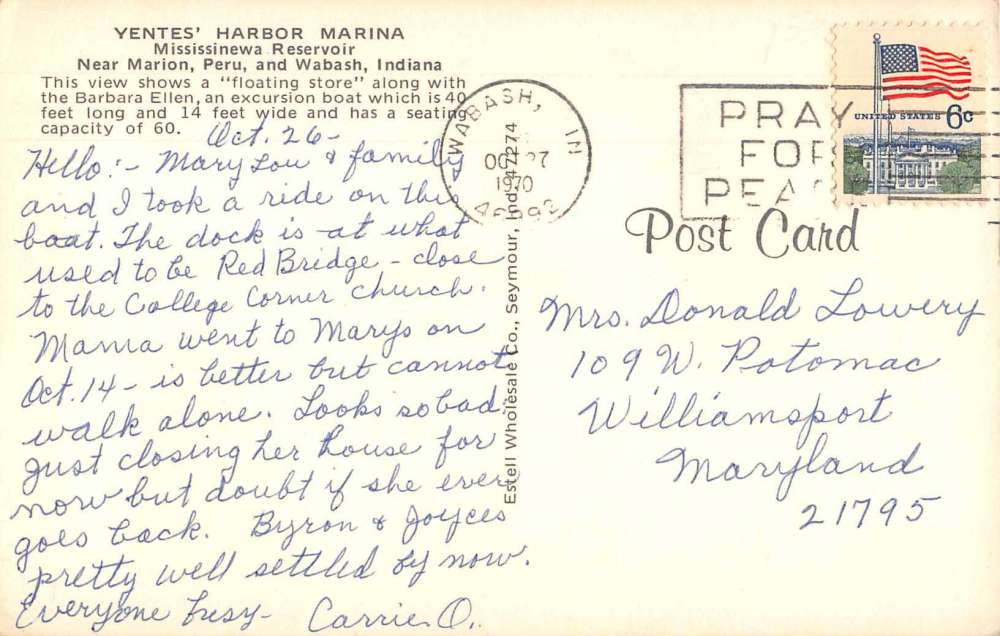 Wabash Indiana Yentes' Harbor Marina Vintage Postcard J71959 - Image 2