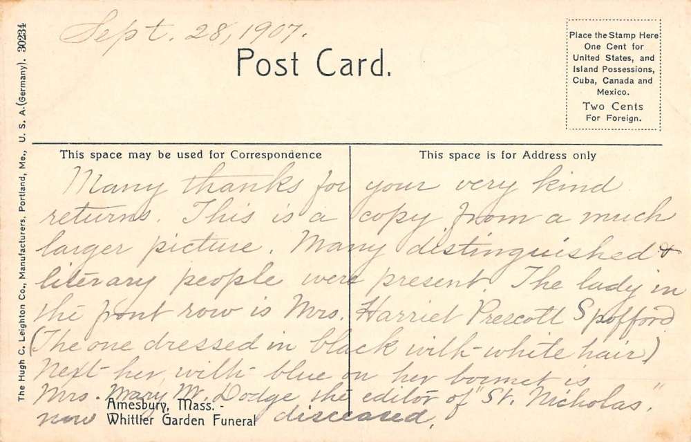Amesbury Massachusetts Whittier Garden Funeral Antique Postcard K79097 - Image 2