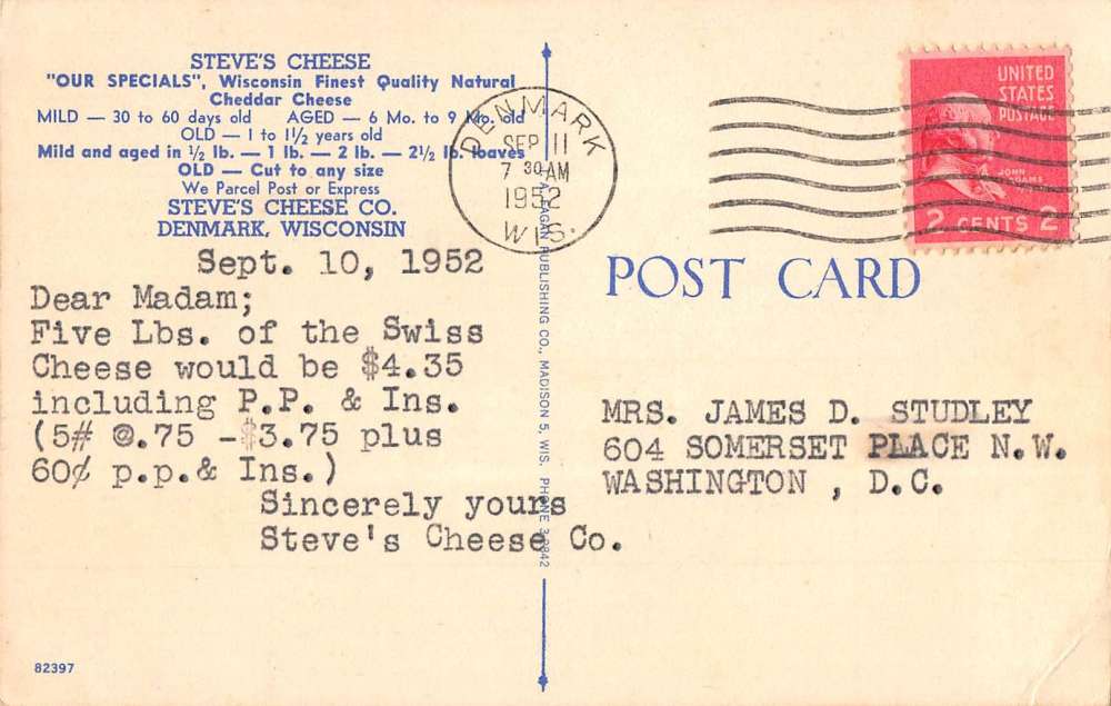 Denmark Wisconsin Steves Cheese Co Street View Antique Postcard K79608 - Image 2