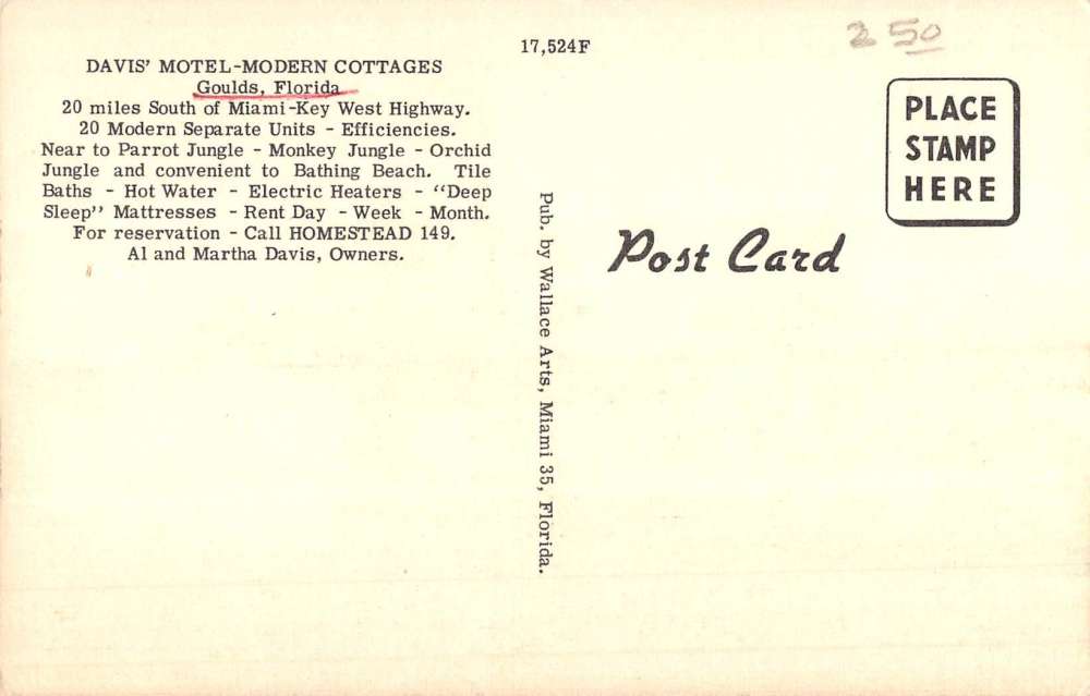 Goulds Florida Davis Motel Street View Antique Postcard K83209 - Image 2