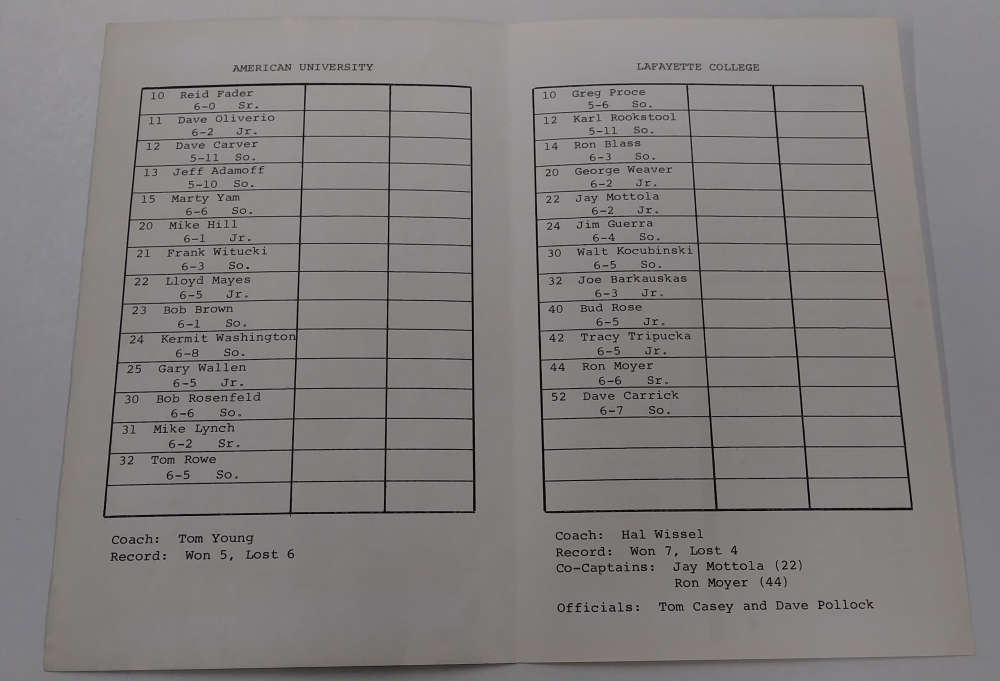 Lafayette College vs American U Basketball 1970-71 Program J73455 - Image 2