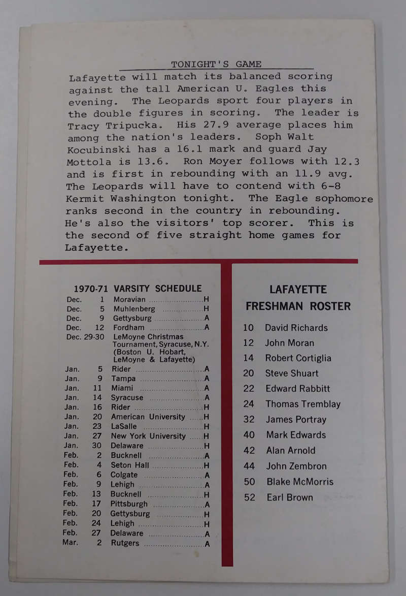 Lafayette College vs American U Basketball 1970-71 Program J73455 - Image 3