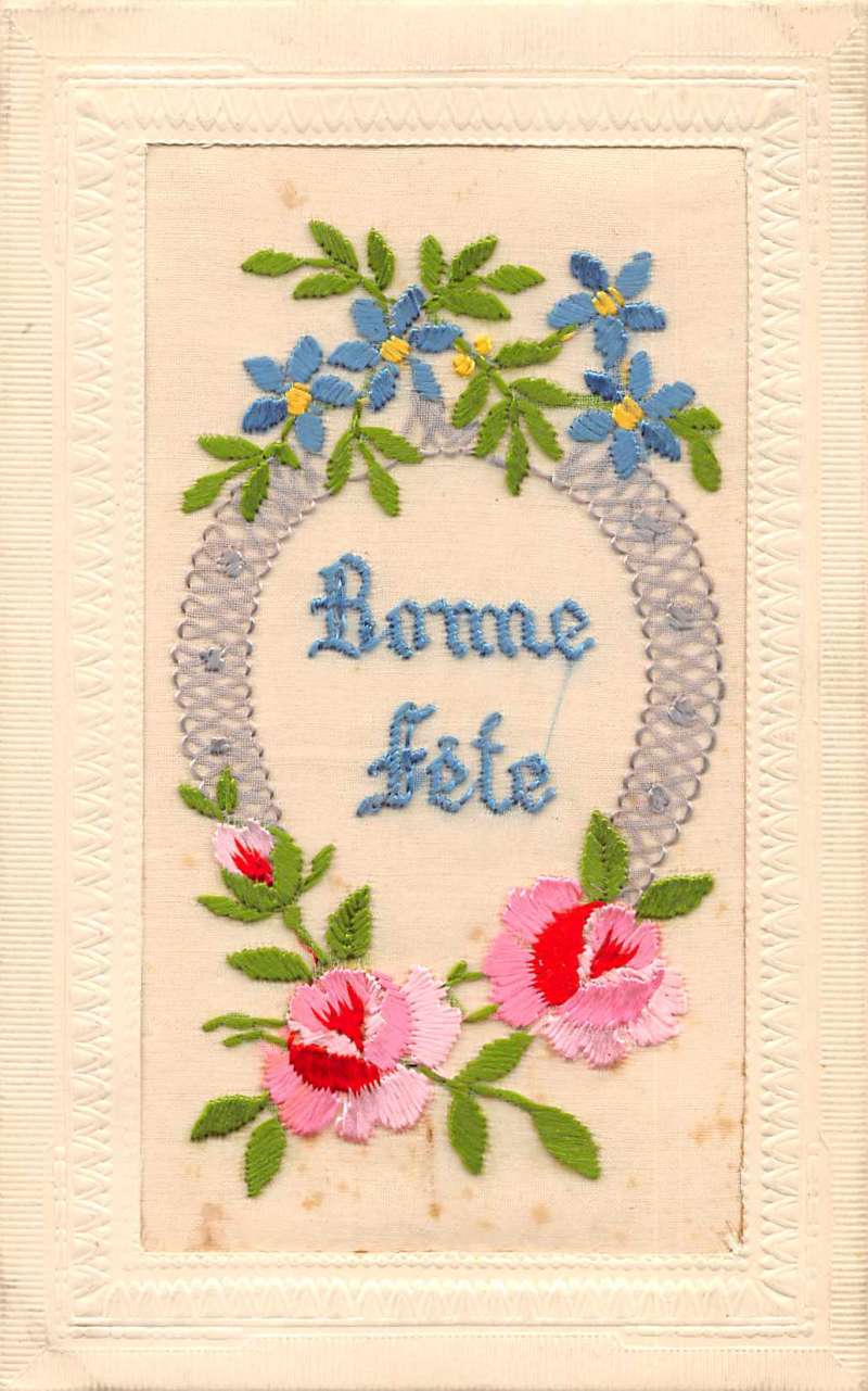 Greetings Bonne Fete Birthday Greetings Silk Embroidered Antique ...