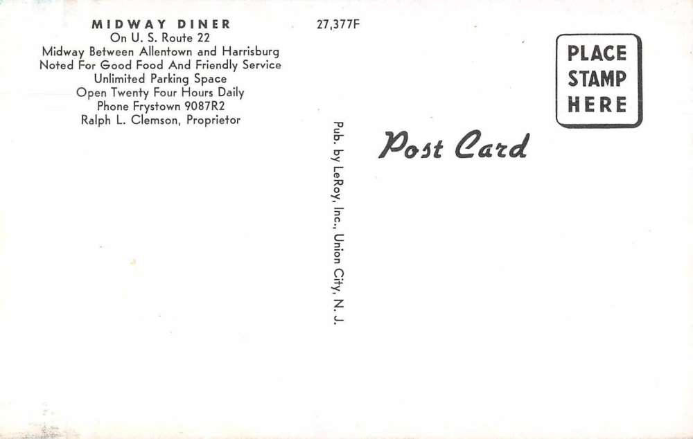 Frystown Pennsylvania Midway Diner Route 22 Vintage Postcard J73824 - Image 2