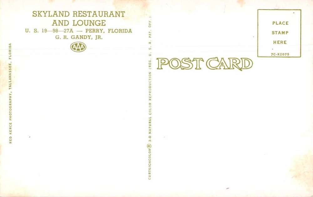 Perry Florida Skyland Restaurant and Lounge Vintage Postcard J73904 - Image 2