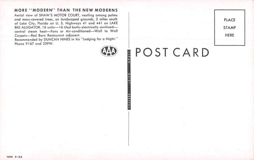 Lake City Florida Shaw's Motor Court Duncan Hines Vintage Postcard J73937 - Image 2