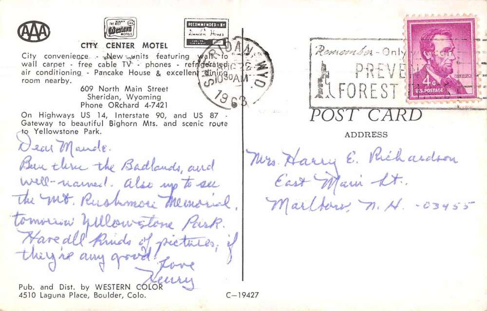 Sheridan Wyoming City Center Motel Duncan Hines Vintage Postcard J73939 - Image 2