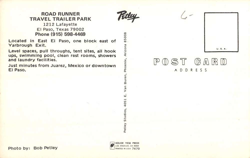 El Paso Texas Road Runner Travel Trailer Park Vintage Postcard K85281 - Image 2