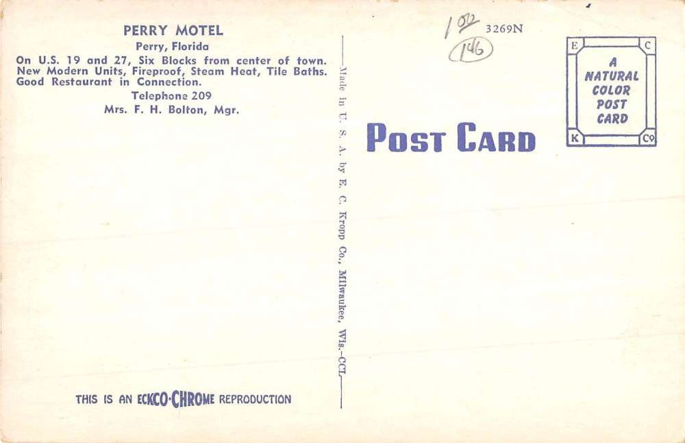 Perry Florida Motel Street View Antique Postcard K86479 - Image 2