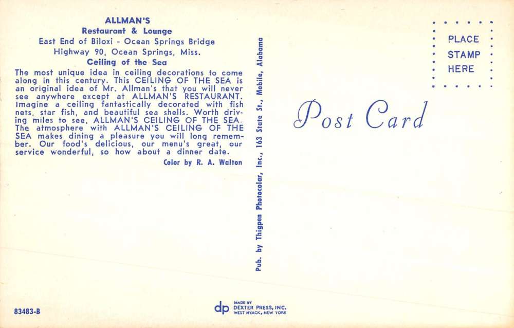 Ocean Springs Mississippi Allmans Restaurant Interior Vintage Postcard K86814 - Image 2