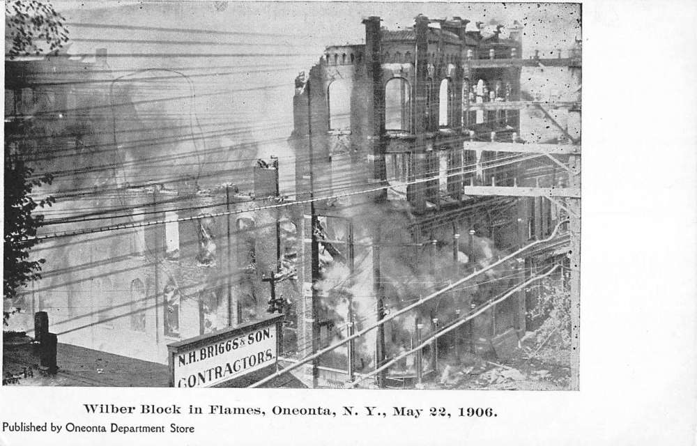 Oneonta New York Wilber Block In Flames Fire Antique Postcard K87498