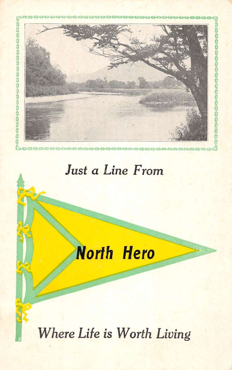 North Hero Vermont Pennant Flag Scenic Waterfront Antique Postcard