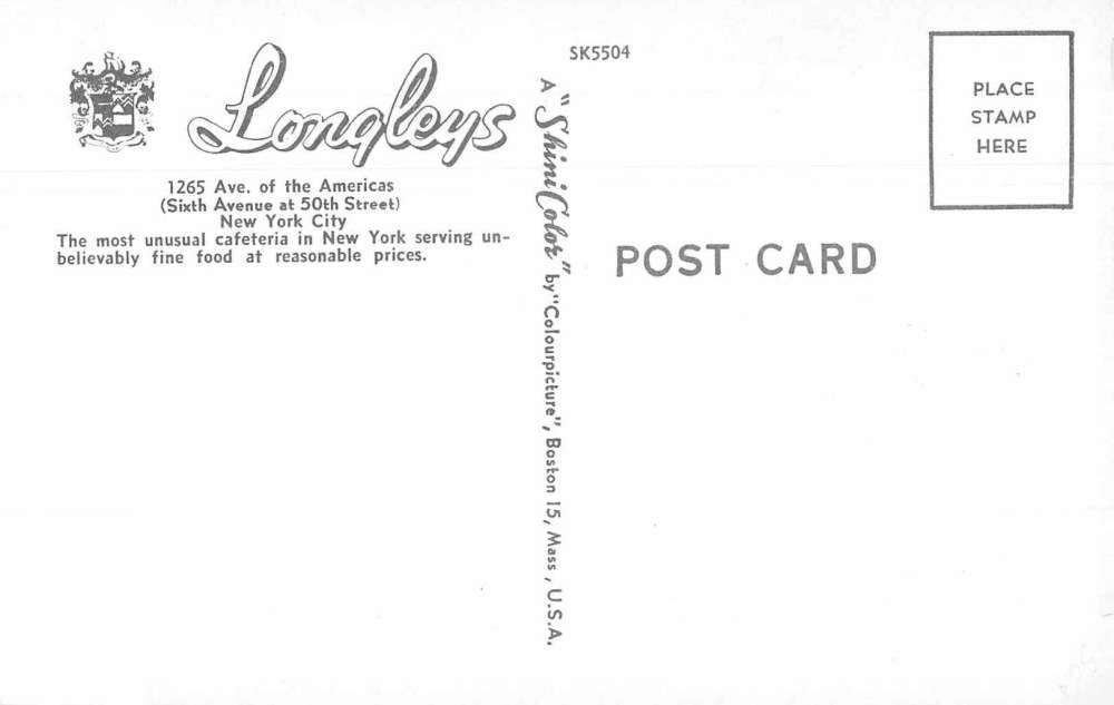 New York City Longley's Cafeteria Restaurant Interior Postcard J75723 - Image 2