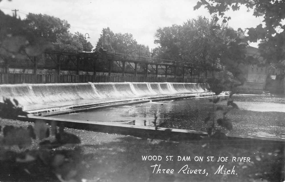 Three Rivers Michigan Wood Street Dam Real Photo Antique Postcard