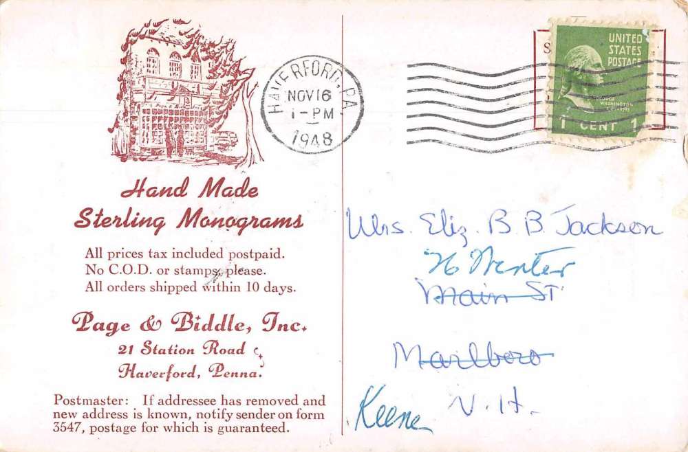 Haverford Pennsylvania Page and Biddle Sterling Monograms Ad Postcard J75745 - Image 2
