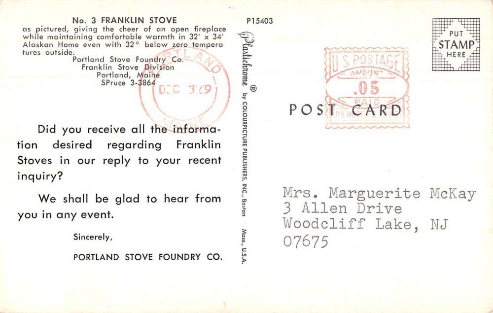 Portland Maine Franklin Stove Fireplace Advertising Vintage Postcard J75781 - Image 2