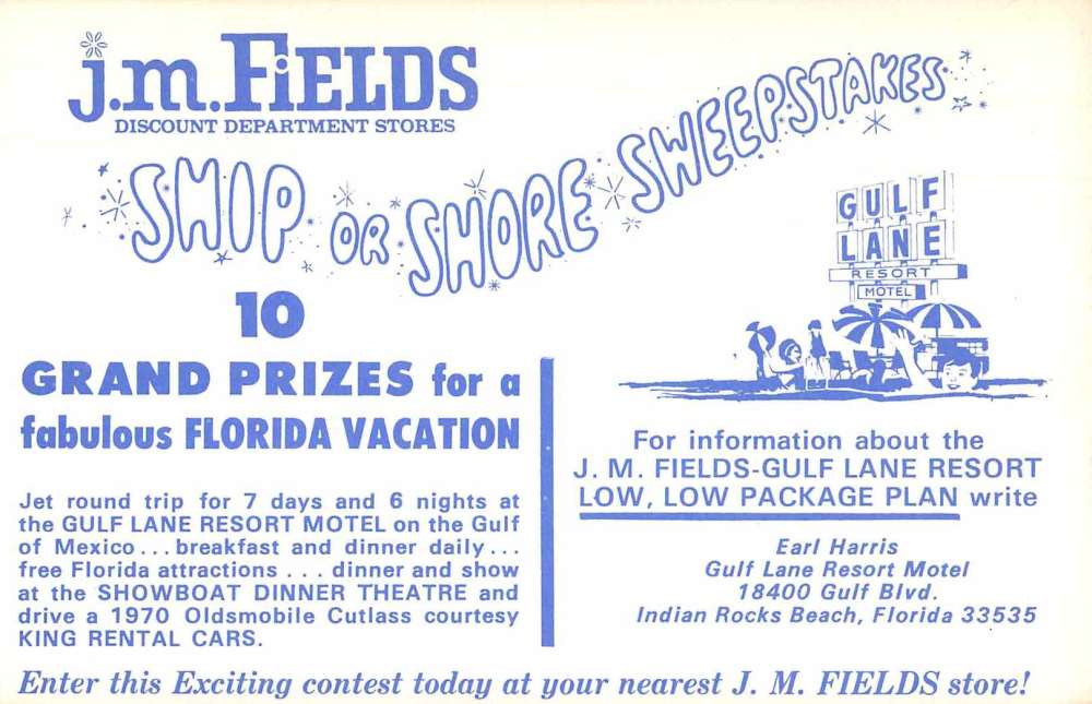 Indian Rocks Beach Florida Gulf Lane Resort Fields Dept Store Ad PC J75835 - Image 2