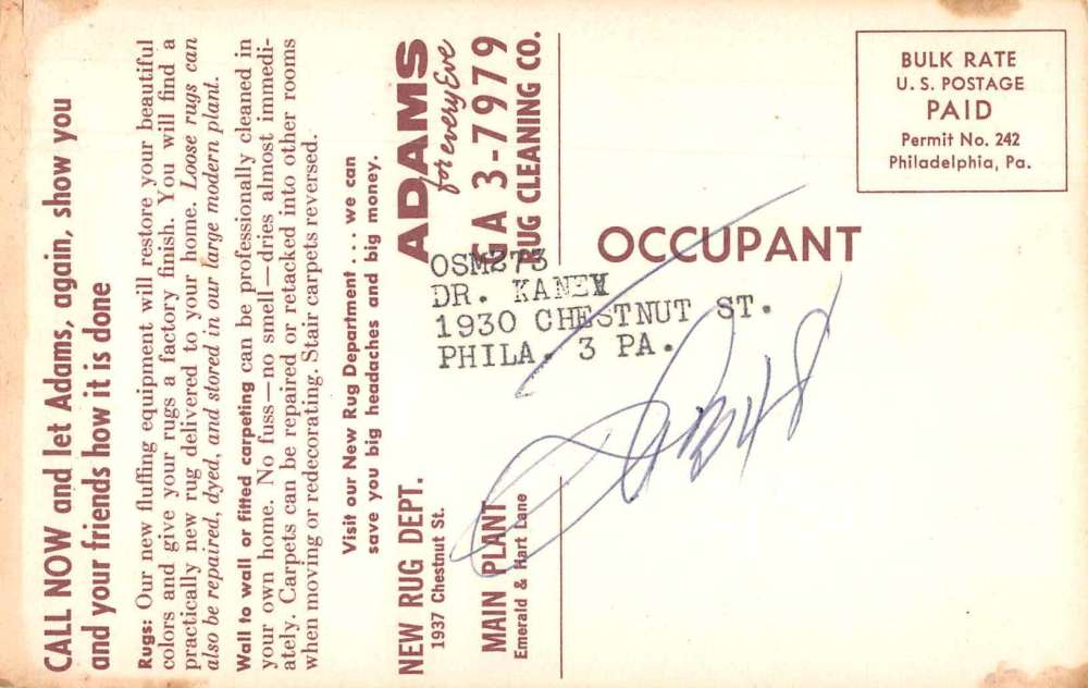 Philadelphia Pennsylvania Adams Rug Cleaning Co Advertising Postcard J75838 - Image 2