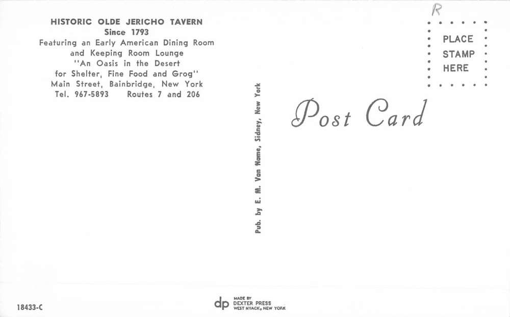 Bainbridge New York Historic Olde Jericho Tavern Vintage Postcard K89861 - Image 2