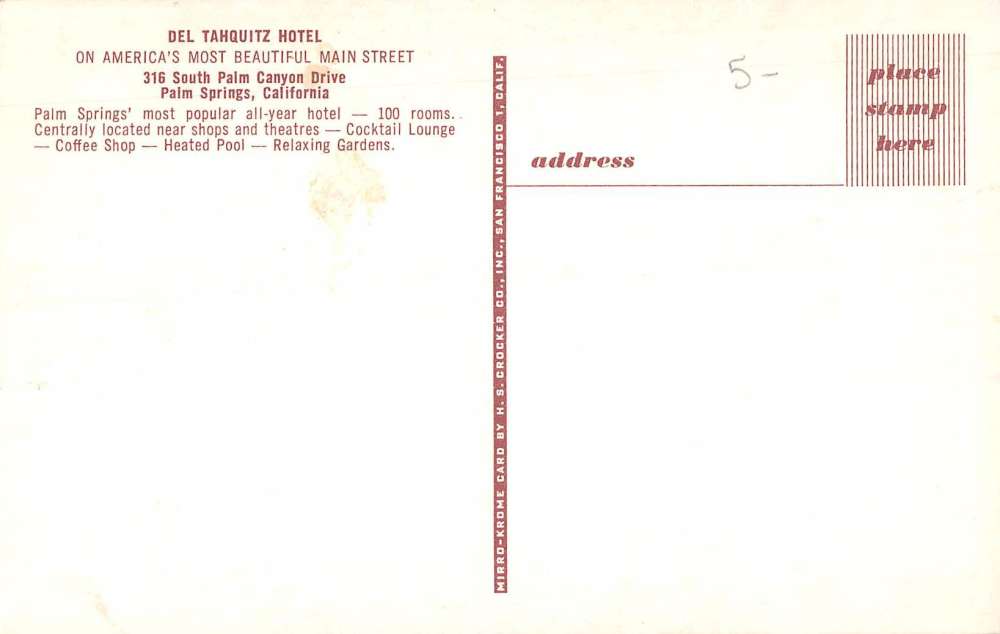 Palm Springs California Del Tahquitz Hotel Street View Vintage Postcard K90331 - Image 2