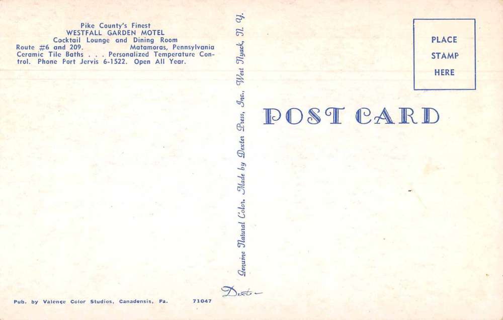 Port Jervis New York Westfall Garden Motel Vintage Postcard J76114 - Image 2