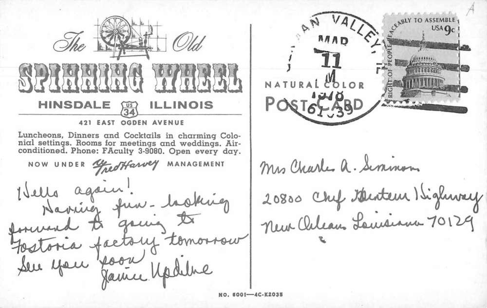 Hinsdale Illinois The Old Spinning Wheel Restaurant Vintage Postcard J76123 Mary L. Martin Ltd
