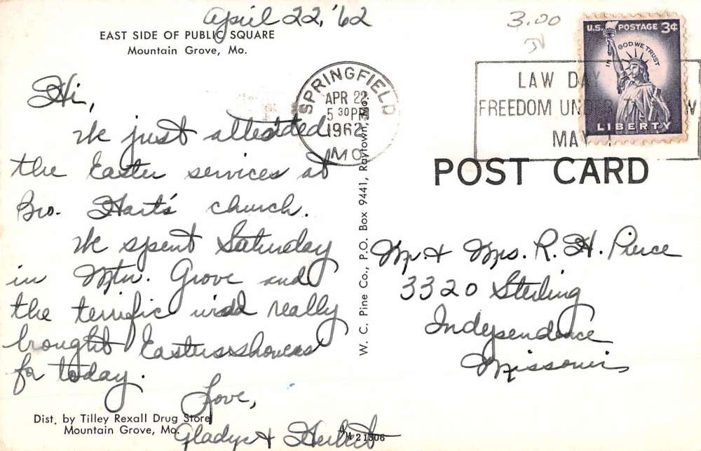 Mountain Grove Missouri East Side Of Public Square Antique Postcard