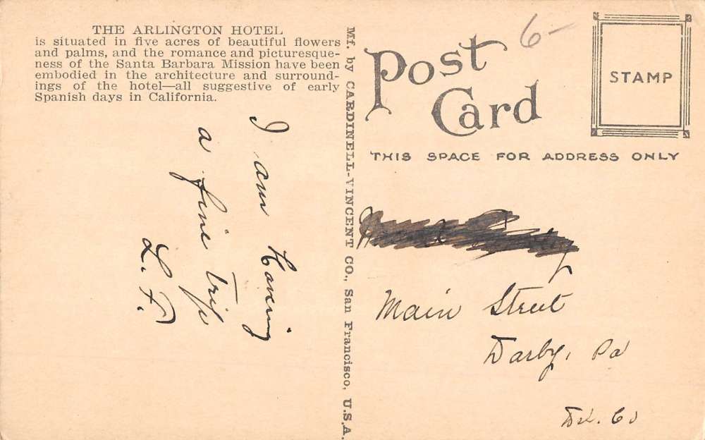 Santa Barbara California Arlington Hotel Street View Antique Postcard K91621 - Image 2