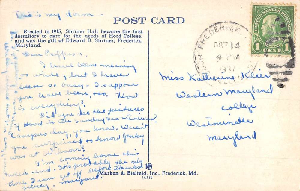 Frederick Maryland Hood College Shriner Hall Antique Postcard K93501 - Image 2