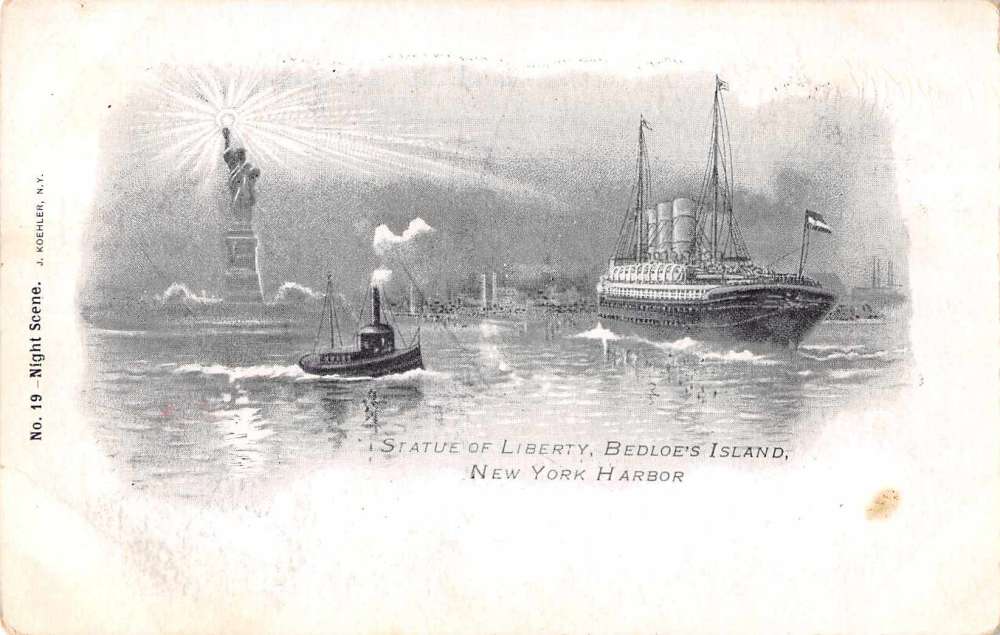 New York Harbor Bedloe's Island Statue of Liberty Steamer Postcard