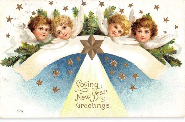 New Year Greetings Children Angel Stars Souvenir Antique Postcard K97934