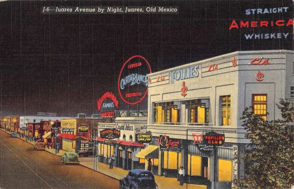 Juarez Mexico Avenue By Night Linen Antique Postcard K97972